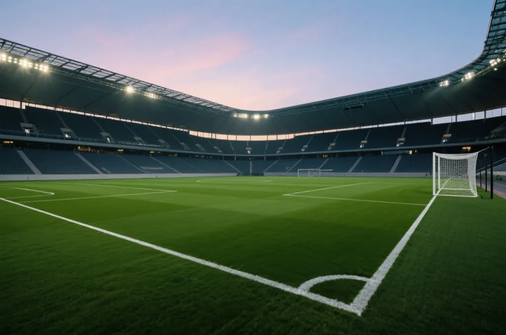 An empty modern soccer stadium with green pitch and goalposts under dramatic twilight sky