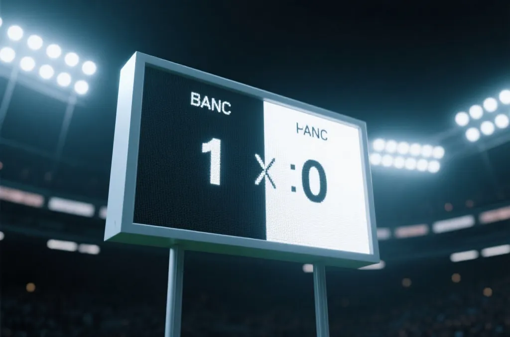 Abstract digital scoreboard displaying a balanced score with generic stadium lights in the background